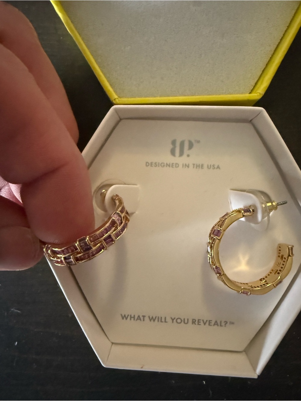 Bomb Party The Icon Line Gold Hoop Earrings with Pink Stone Inlay